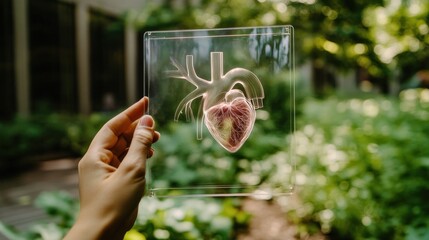 A hand holds a transparent anatomical heart model outdoors