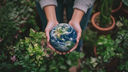 Person holding Earth in hands, surrounded by plants