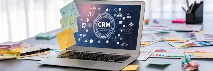 Sticky note for creative and analytic brainstorm for business idea with BI data dashboard on laptop...