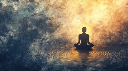 Silhouetted figure meditating on water