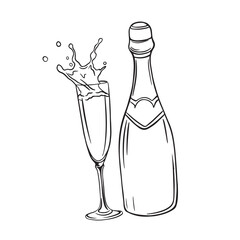 Champagne and glass with splashes on black and white vector background