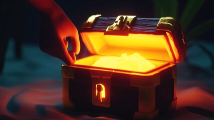 Hand opening glowing treasure chest