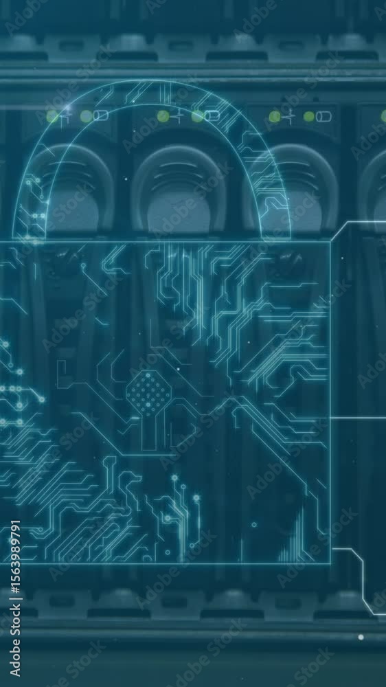 Poster security padlock icons and microprocessor connections against close up of computer server