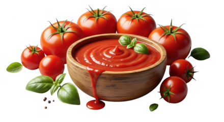 Delicious Ripe Tomatoes with a Bowl of Fresh Tomato Sauce Garnished with Basil Leaves isolated on a transparent background