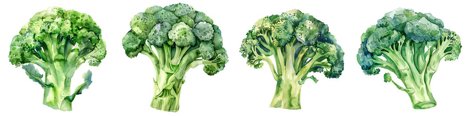 Set of watercolor style broccoli illustrations isolated on transparent background

