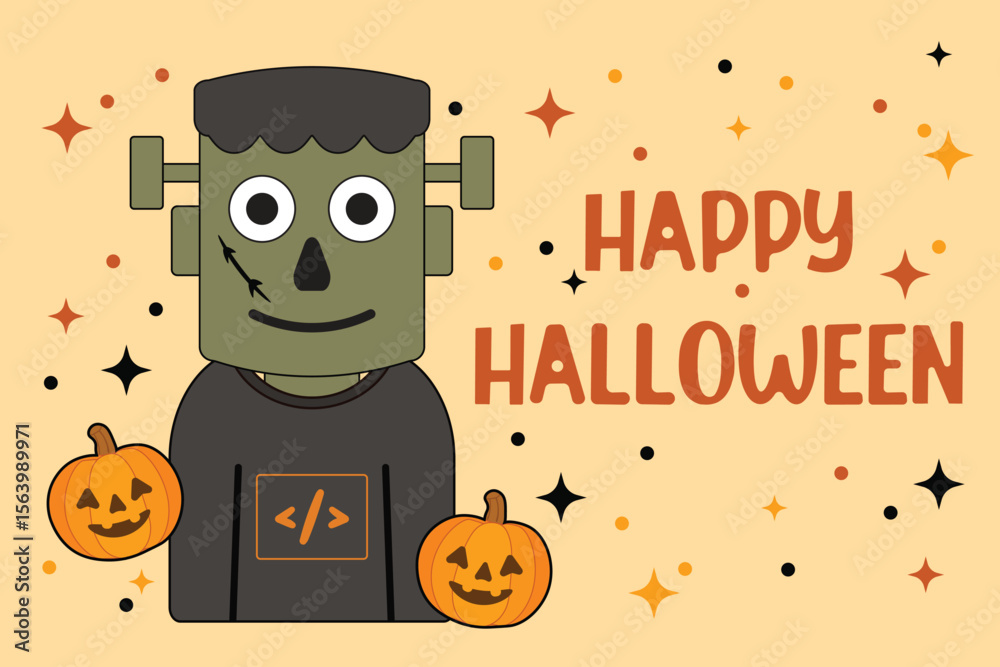 Fototapete funny monster in a t-shirt with programming symbols, standing on orange background with pumpkins. pe