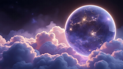 Obraz premium Dreamy digital render of glowing translucent planet surrounded by soft purple and pink clouds in cosmic night sky