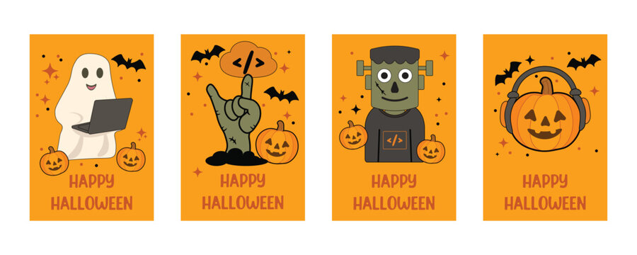 Vertical Halloween postcard set on orange background featuring ghost with laptop, jack-o&rsquo;-lantern in headphones, coding monster, zombie hand from ground, and code symbols. Fun concept for developers.
