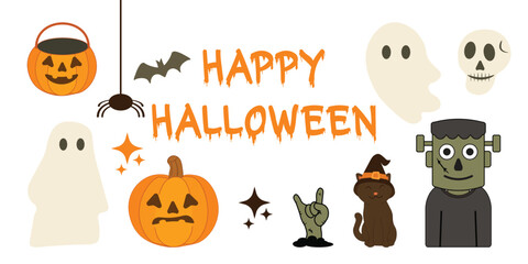 Halloween vector set spooky elements Ghosts, black cat, jack-o’-lantern, pumpkin candy bucket, spider, monster, skull Zombie hand rising from ground Fun style design Scary text Happy Halloween
