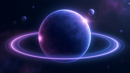 Glowing purple planet with bright rings surrounded by smaller moons in deep space, creating mysterious and cosmic atmosphere