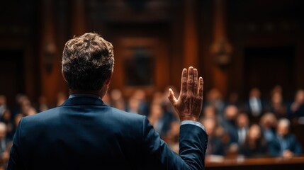 A man stands with his hand raised, taking an oath in a courtroom filled with onlookers. The atmosphere is serious as legal proceedings unfold in the detailed wood-paneled room