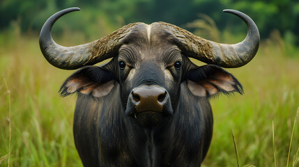 Naklejka premium Close-Up Portrait of a Powerful African Water Buffalo with Large Horns Looking Directly at the Camera.