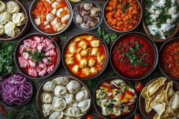 Collage of traditional Russian foods, featuring borscht, pelmeni, and blini, arranged artistically
