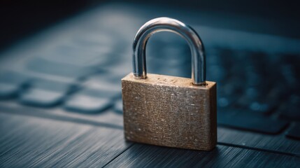 Fototapeta premium A brass padlock is placed on a laptop keyboard, representing the importance of digital security and the safeguarding of personal and sensitive information in today's technology-driven world