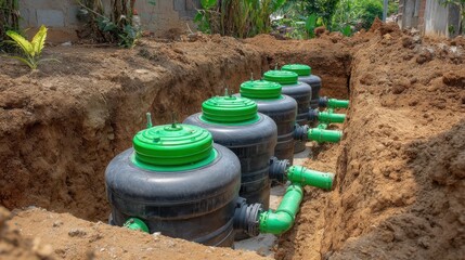 Large black tanks are being installed underground in a trench in a rural setting. This project is part of a wastewater management initiative to improve local environmental conditions