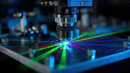 Background with vibrant laser beams in industrial setting