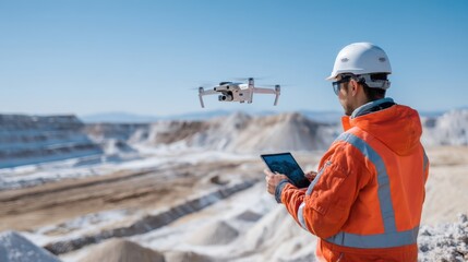 A drone operator in safety gear is controlling a drone over a mining site. The operator focuses on the tablet display, managing the operation amidst rugged terrain and clear skies