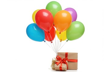 Colorful balloons tied to a gift box with red ribbon