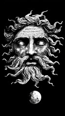 ancient god head abstract portrait; black and white art