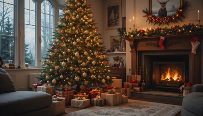 Decorated Christmas tree with lights and ornaments, surrounded by wrapped gifts, cozy living room with fireplace,