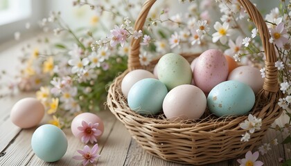 Pastel-colored Easter eggs in a wicker basket with spring flowers on wooden table, soft natural light, clean and cheerful