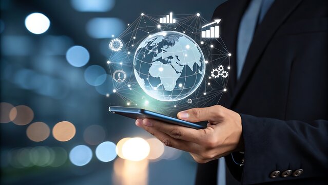 Photo of a businessman holds a smartphone displaying a holographic globe connected to various icons representing global business and technology