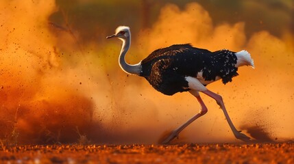 Ostrich sprinting across dusty plain, blurred savannah horizon, movement focused wildlife story, 2025 trend editorial wildlife imagery