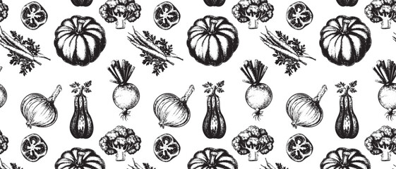 Seamless Vintage Engraving Pattern of Organic Vegetables in Retro Blackwork Style for Autumn Harvest, Eco Design, and Thanksgiving Decor.
