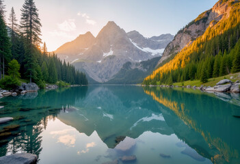 Serene mountain lake reflection at golden sunrise with misty peaks