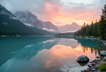 Serene mountain lake reflection at golden sunrise with misty peaks