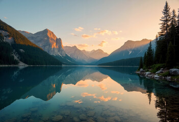 Serene mountain lake reflection at golden sunrise with misty peaks