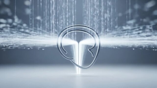 Abstract ear icon with digital light streams, futuristic hearing technology concept video