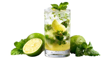 A glass of limeade with a lime slice on the side