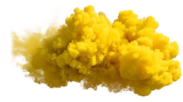 Yellow smoke cloud transparent PNG, isolated background cutout. Sulfur color thick smoke screen effect
