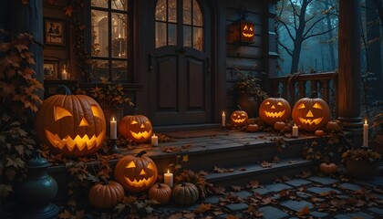 Carved jack-o’-lanterns glowing on a rustic porch, surrounded by autumn leaves and candles, eerie yet charming,