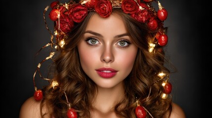 Fototapeta premium Woman with a festive floral crown decorated with red berries and golden lights