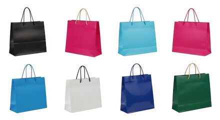 A Stylish Assortment of Colorful Shopping Bags in Various Sizes, Ideal for Retail Promotions, Packaging Designs, and Branding Purposes, Showcasing a Modern Aest... isolated on a transparent background