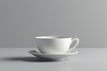 White Ceramic Cup and Saucer on Gray Surface for Coffee or Tea Presentation with Simple and Elegant Design in Studio Setting