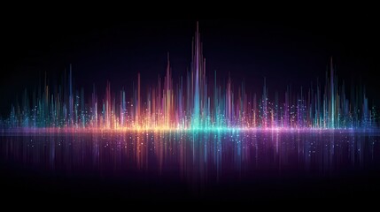 Background with vibrant neon cityscape reflections and glowing effects