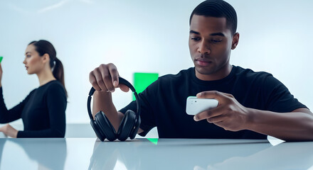 Young African American man holding black headphones and smartphone in futuristic tech environment