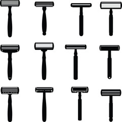 Vector illustration set of diverse safety razors for shaving and hair removal, personal grooming tools, classic and modern designs, hygiene concept on white background