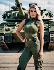 Military woman posing next to a tank on a sunny day
