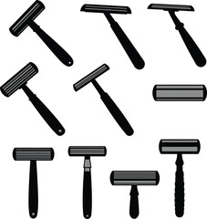 Vector illustration set of diverse safety razors for shaving and hair removal, personal grooming tools, classic and modern designs, hygiene concept on white background