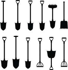 Naklejka premium Garden Shovel and Rake Tools Silhouette Vector Icon Set. Agricultural & Digging Equipment for Farming, Construction, and Home Gardening Designs.