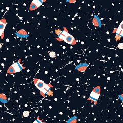 Seamless print with spaceships, planets, stars, rockets and splash