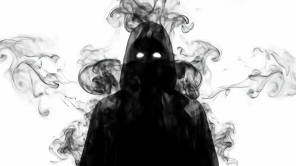 Abstract hooded figure with glowing eyes in smoke on white backdrop. Mystery concept.