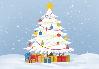 Obraz premium Festive white christmas tree adorned with ornaments and gifts in gentle snowfall