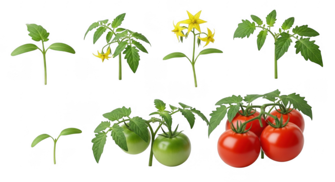 Exploring the Various Stages of Tomato Plant Growth: From Seedling To Fruiting with Flowers for Culinary Use, isolated on a transparent background