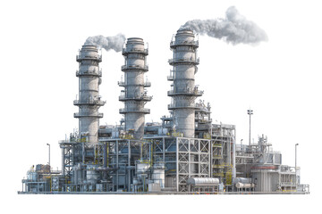 Detailed illustration showcasing an industrial oil refinery complex with billowing smoke, set against a stark black background for maximum contrast.