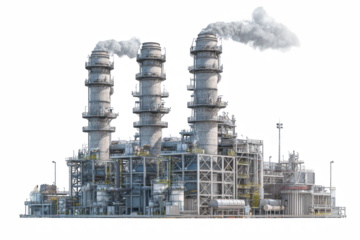 Detailed illustration showcasing an industrial oil refinery complex with billowing smoke, set against a stark black background for maximum contrast.
